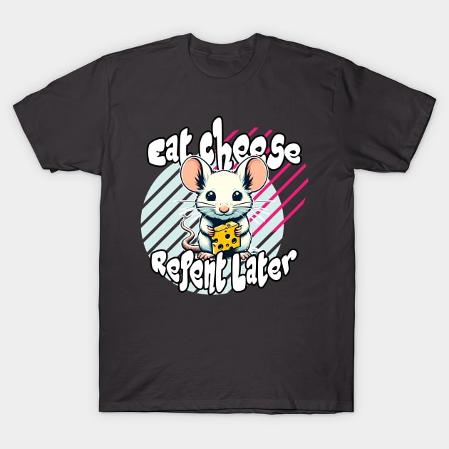 Eat Cheese, Repent Later: Whimsical Mouse in Yellow and Blue T-Shirt by PopArtyParty